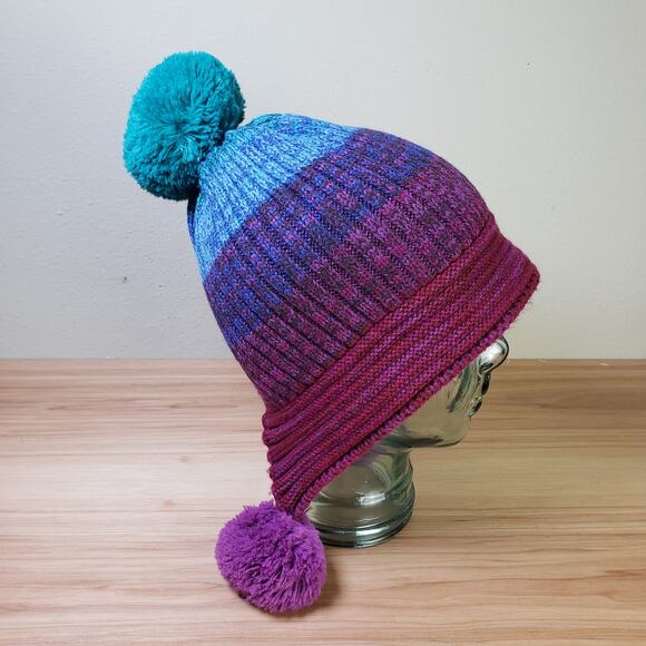 Muk Luks Big Pom Beanie‎ Hat Chunky Knit Purple Blue Ombre Whimsical Winter Cap - Picture 2 of 8